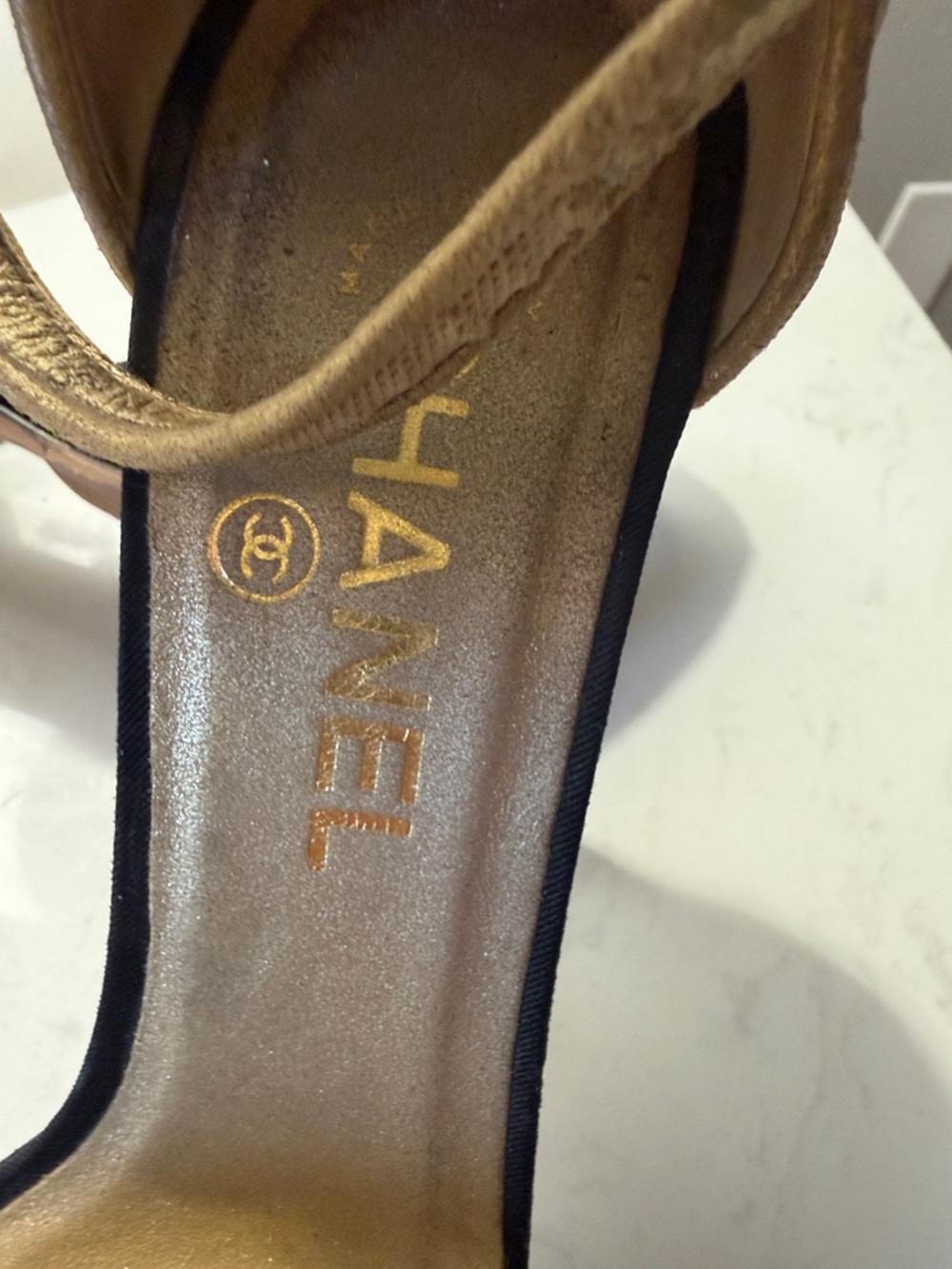 CHANEL Beige and Black SATIN Ankle-Strap Stilettos with Gold Accents from 2001 - Picture 4 of 6